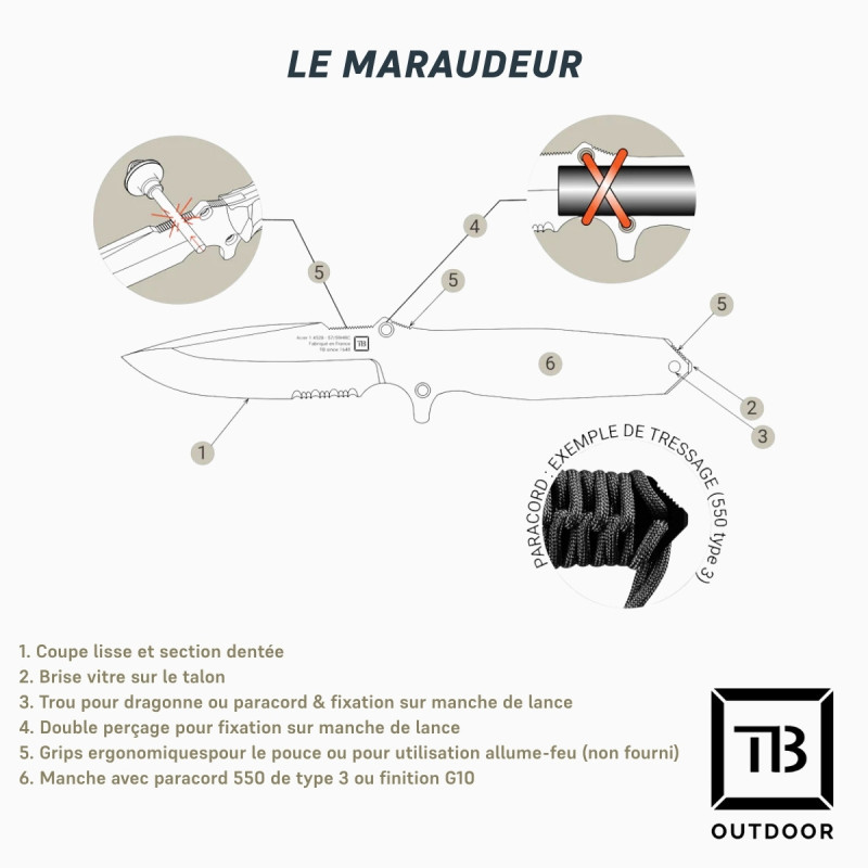 Couteau Maraudeur survie - serration paracord - TB Outdoor