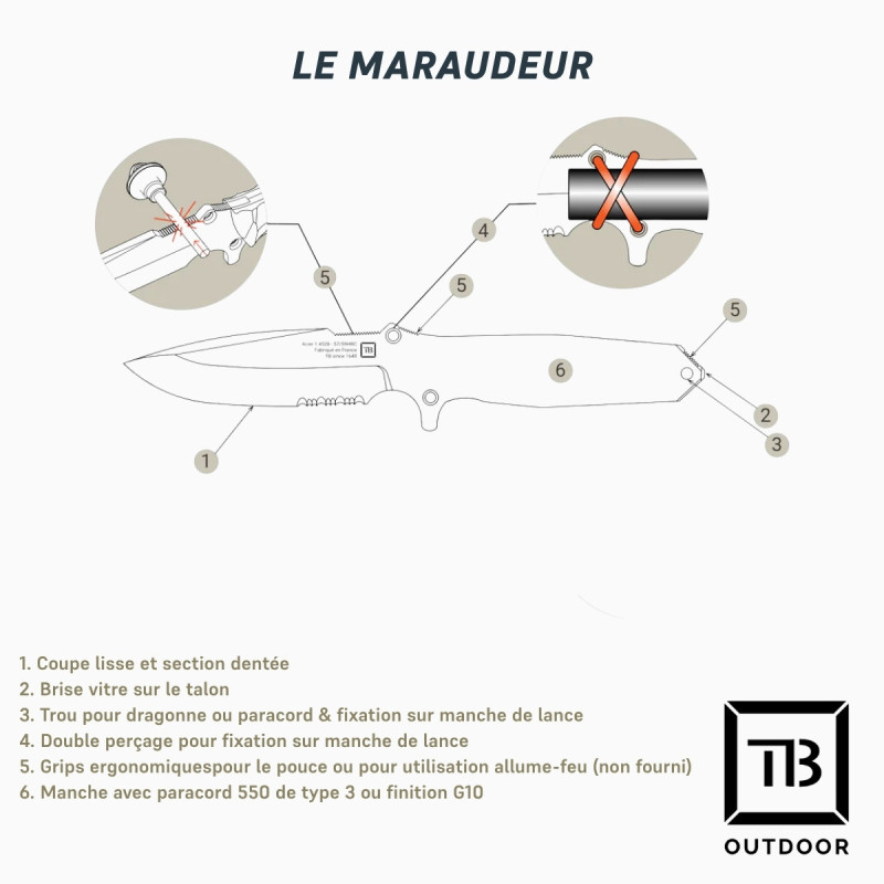 Couteau survie Maraudeur - G10 serration - TB Outdoor