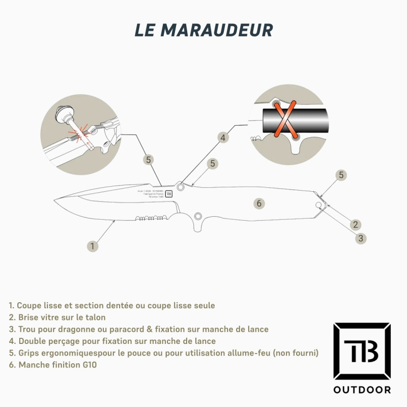 Couteau Maraudeur G10 lame lisse  - TB Outdoor - survie