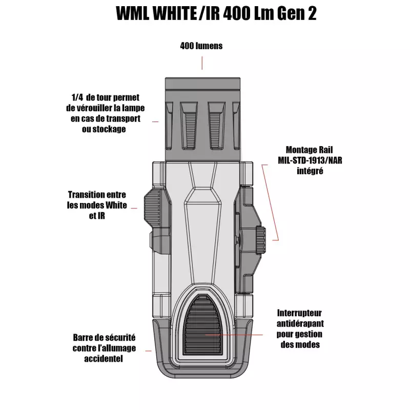 Lampe WML White/IR 400 Lumens Gen 2 Noir